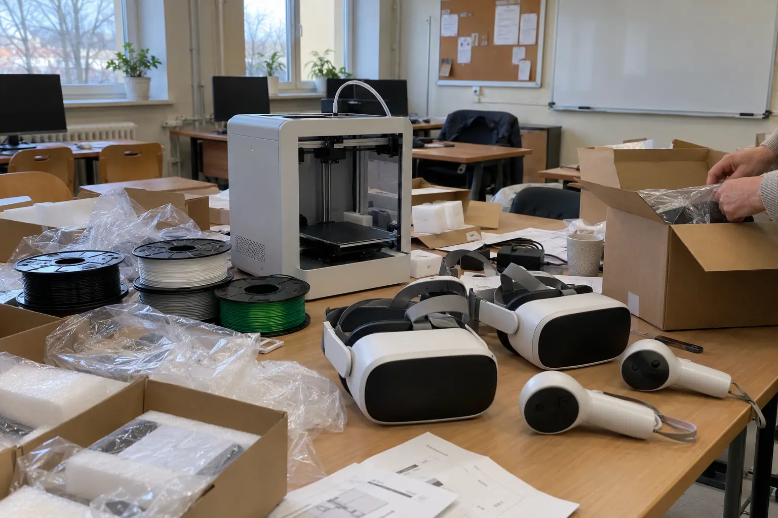 Rozpakowana drukarka 3D, gogle VR i szpule filamentu na stole w pracowni