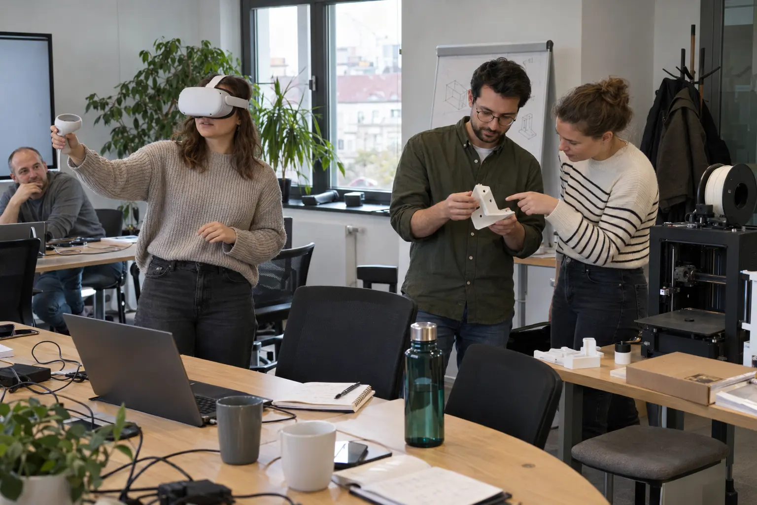 Pracownica firmy testuje gogle VR, obok dwoje pracowników ogląda wydrukowany prototyp przy drukarce 3D