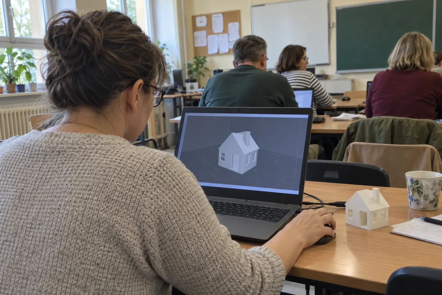 Uczestniczka szkolenia projektuje model domku 3D na laptopie, obok stoi jego wydruk