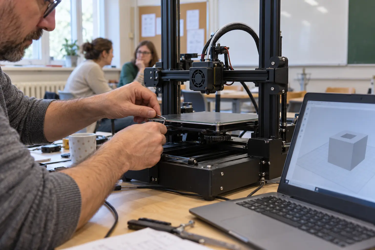 Technik reguluje drukarkę 3D obok laptopa z modelem 3D