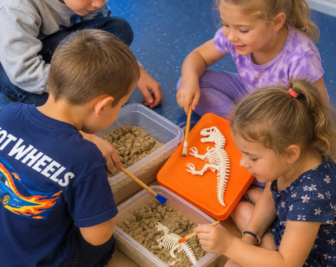 Dzieci odkopują w piasku kości dinozaura, obok wydrukowany szkielet