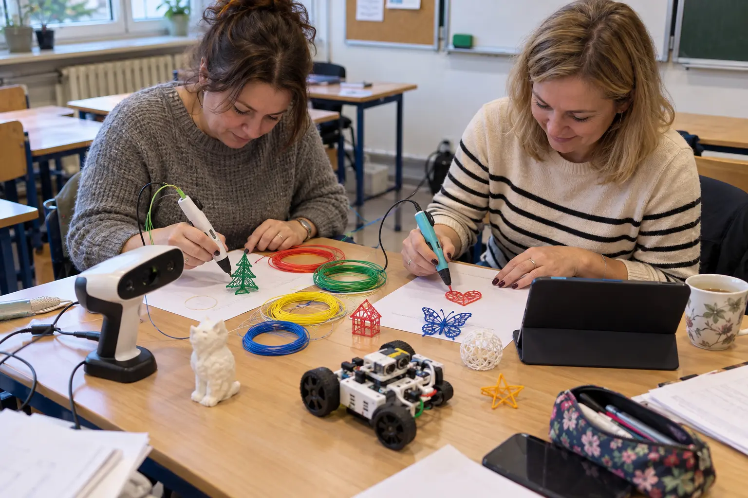 Uczestniczki szkolenia rysują długopisami 3D, na stole skaner 3D, robot edukacyjny i tablet