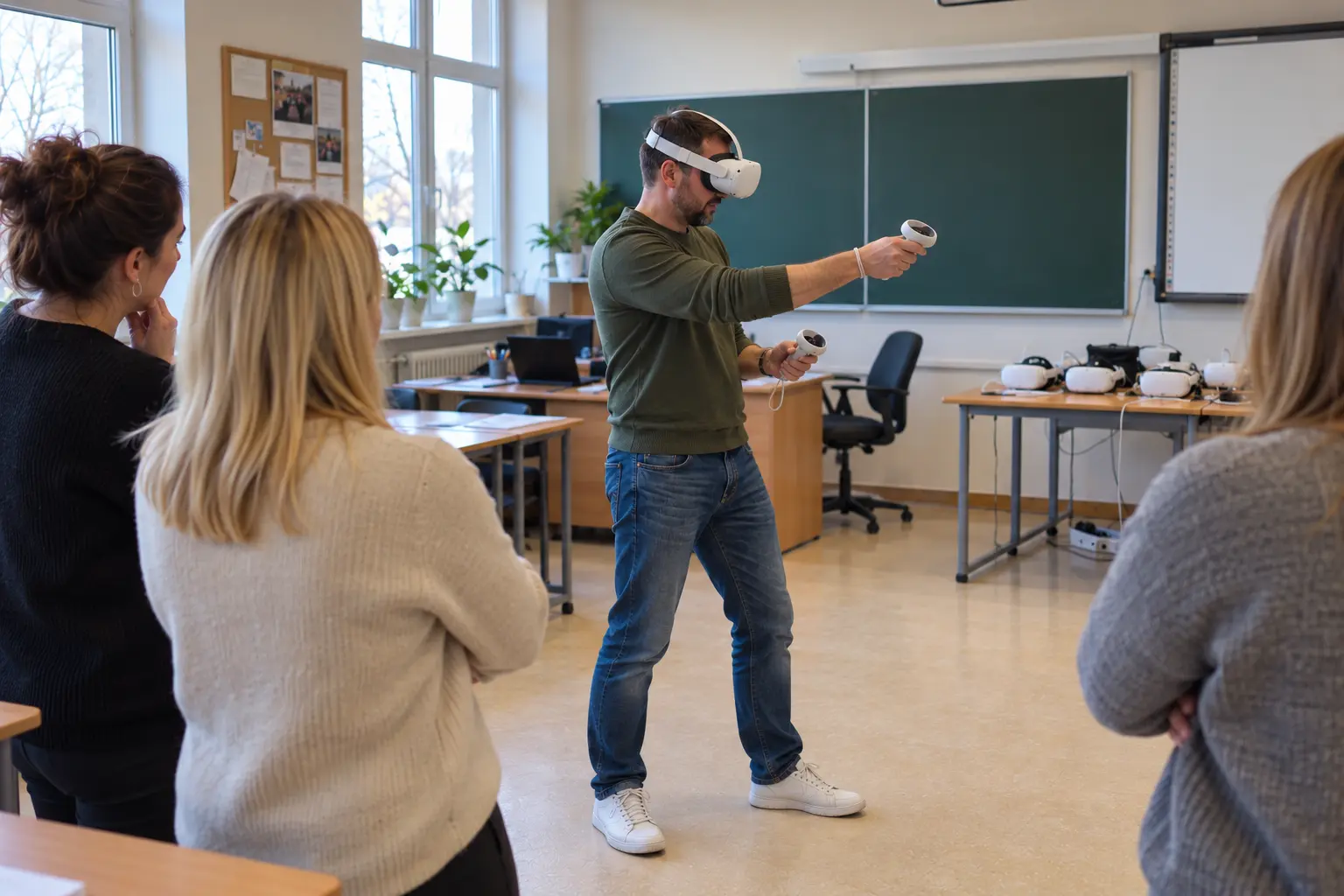 Uczestnik szkolenia w goglach VR z kontrolerem, obok przyglądają się pozostali uczestnicy